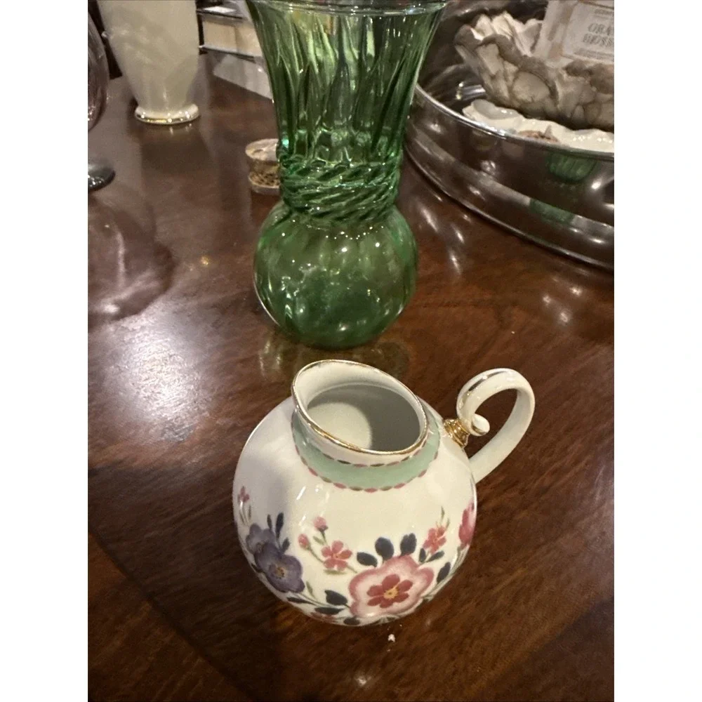 Small Gold Trimmed Creamer Pitcher Jug - White Pink & Purple Flowers